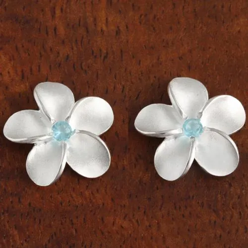 Sterling Silver Plumeria with Blue CZ Sandblast Post Earrings (6-15mm)