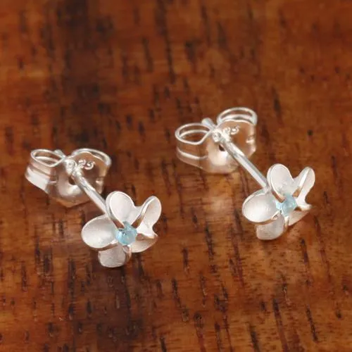 Sterling Silver Plumeria with Blue CZ Sandblast Post Earrings (6-15mm)