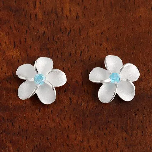Sterling Silver Plumeria with Blue CZ Sandblast Post Earrings (6-15mm)