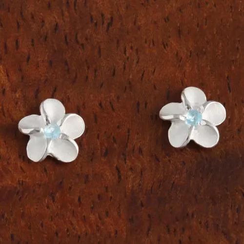 Sterling Silver Plumeria with Blue CZ Sandblast Post Earrings (6-15mm)