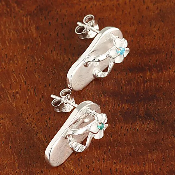 Sterling Silver Plumeria with Blue CZ Slipper Post Earrings