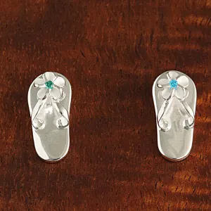 Sterling Silver Plumeria with Blue CZ Slipper Post Earrings