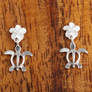 Sterling Silver Plumeria with CZ and Honu (Hawaiian Turtle) Post Earrings (S/M/L)