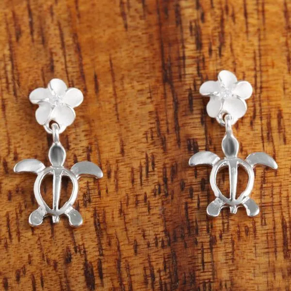 Sterling Silver Plumeria with CZ and Honu (Hawaiian Turtle) Post Earrings (S/M/L)