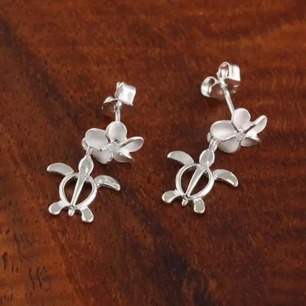 Sterling Silver Plumeria with CZ and Honu (Hawaiian Turtle) Post Earrings (S/M/L)