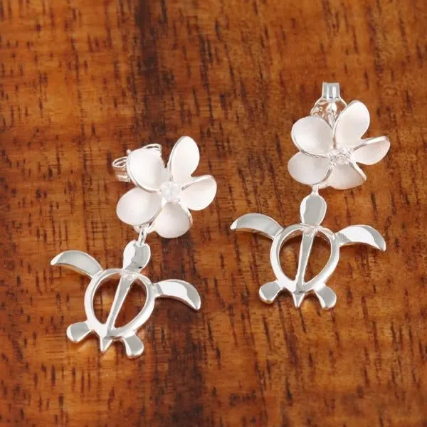 Sterling Silver Plumeria with CZ and Honu (Hawaiian Turtle) Post Earrings (S/M/L)