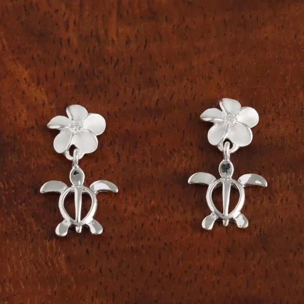 Sterling Silver Plumeria with CZ and Honu (Hawaiian Turtle) Post Earrings (S/M/L)