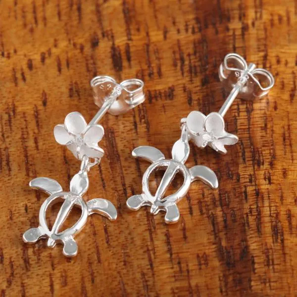 Sterling Silver Plumeria with CZ and Honu (Hawaiian Turtle) Post Earrings (S/M/L)