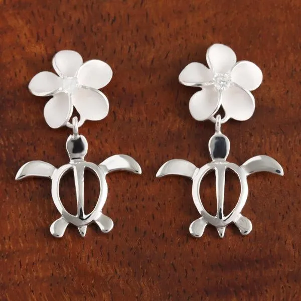 Sterling Silver Plumeria with CZ and Honu (Hawaiian Turtle) Post Earrings (S/M/L)