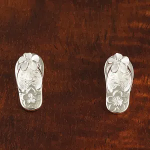Sterling Silver Plumeria with CZ Hawaiian Scroll Slipper Post Earrings