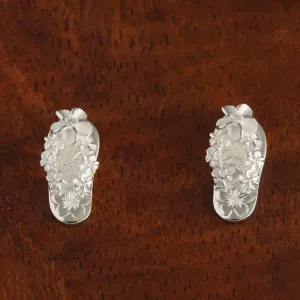Sterling Silver Plumeria with CZ Hawaiian Scroll Slipper Post Earrings