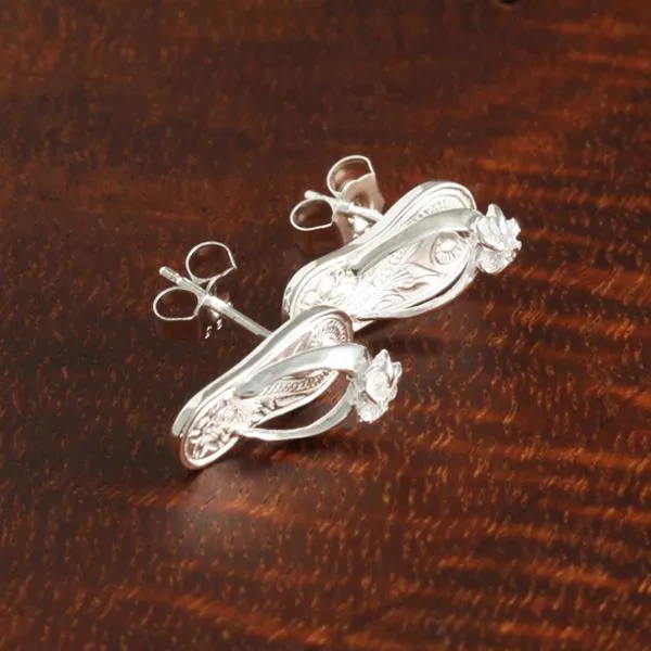 Sterling Silver Plumeria with CZ Hawaiian Scroll Slipper Post Earrings