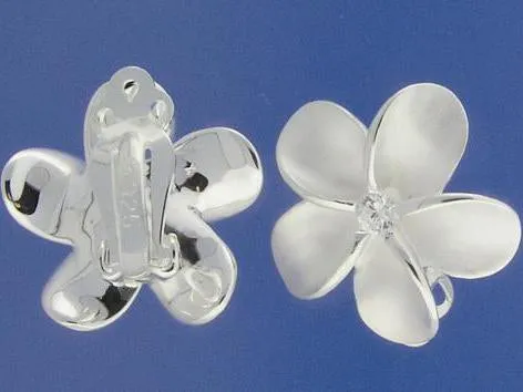 Sterling Silver Plumeria with CZ Sandblast Clip Earrings (18-25mm)