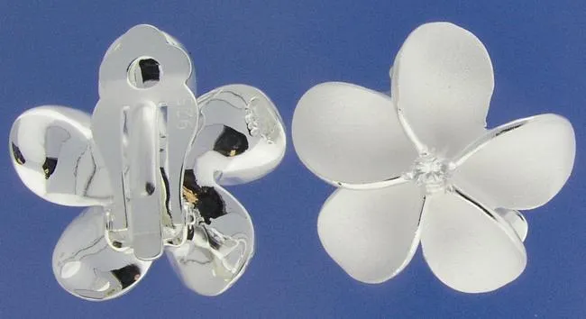 Sterling Silver Plumeria with CZ Sandblast Clip Earrings (18-25mm)