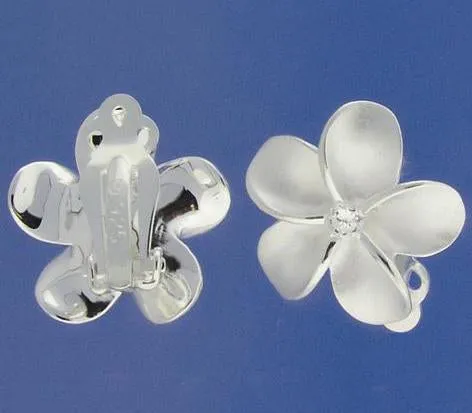 Sterling Silver Plumeria with CZ Sandblast Clip Earrings (18-25mm)