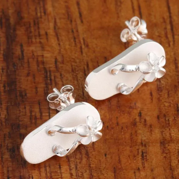 Sterling Silver Plumeria with CZ Sandblast Finish Slipper Post Earrings