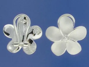 Sterling Silver Plumeria with CZ Sandblast French Clip Earrings (18-25mm)