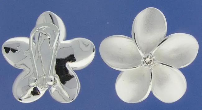 Sterling Silver Plumeria with CZ Sandblast French Clip Earrings (18-25mm)