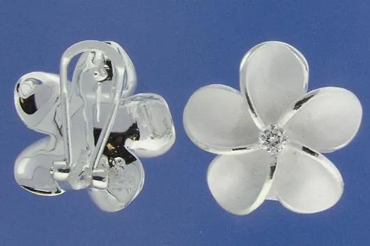 Sterling Silver Plumeria with CZ Sandblast French Clip Earrings (18-25mm)