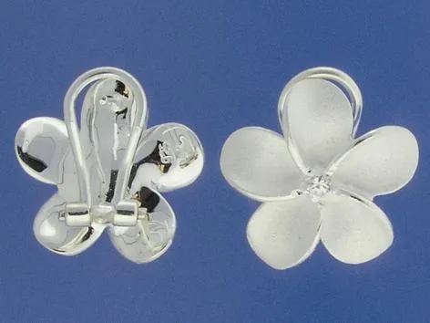 Sterling Silver Plumeria with CZ Sandblast French Clip Earrings (18-25mm)