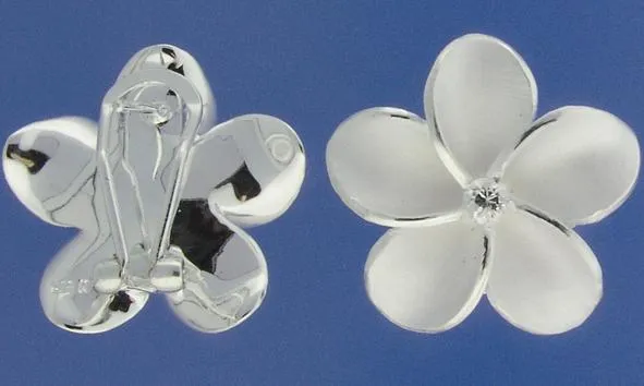 Sterling Silver Plumeria with CZ Sandblast French Clip Earrings (18-25mm)