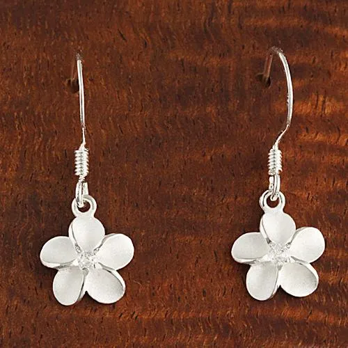 Sterling Silver Plumeria with CZ Sandblast Hook Earrings (8-18mm)