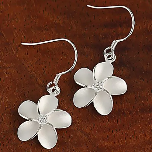 Sterling Silver Plumeria with CZ Sandblast Hook Earrings (8-18mm)