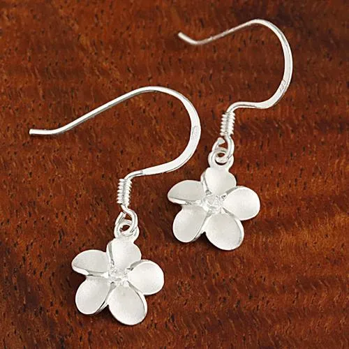 Sterling Silver Plumeria with CZ Sandblast Hook Earrings (8-18mm)