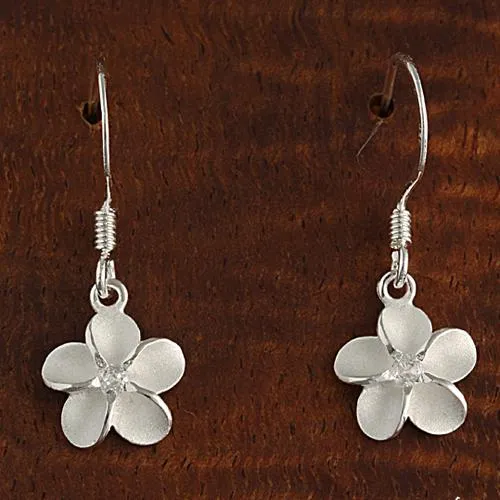 Sterling Silver Plumeria with CZ Sandblast Hook Earrings (8-18mm)