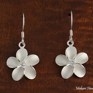Sterling Silver Plumeria with CZ Sandblast Hook Earrings (8-18mm)