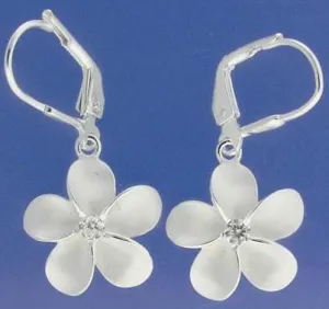 Sterling Silver Plumeria with CZ Sandblast Lever Back Earrings (8-18mm)