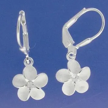 Sterling Silver Plumeria with CZ Sandblast Lever Back Earrings (8-18mm)