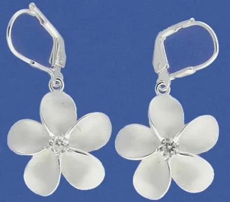 Sterling Silver Plumeria with CZ Sandblast Lever Back Earrings (8-18mm)