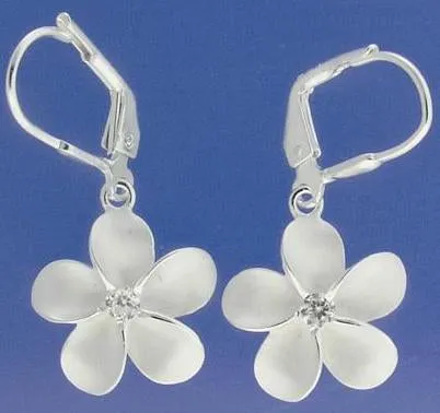 Sterling Silver Plumeria with CZ Sandblast Lever Back Earrings (8-18mm)