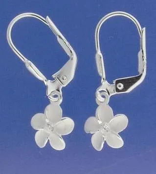 Sterling Silver Plumeria with CZ Sandblast Lever Back Earrings (8-18mm)