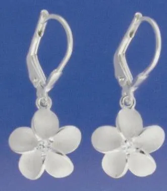 Sterling Silver Plumeria with CZ Sandblast Lever Back Earrings (8-18mm)