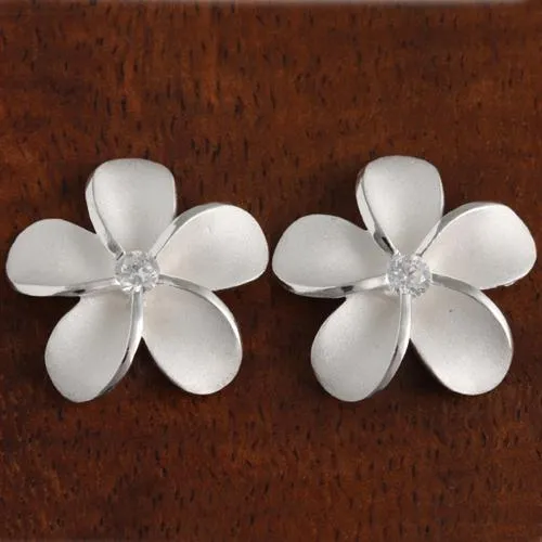 Sterling Silver Plumeria with CZ Sandblast Post Earrings (6-18mm)