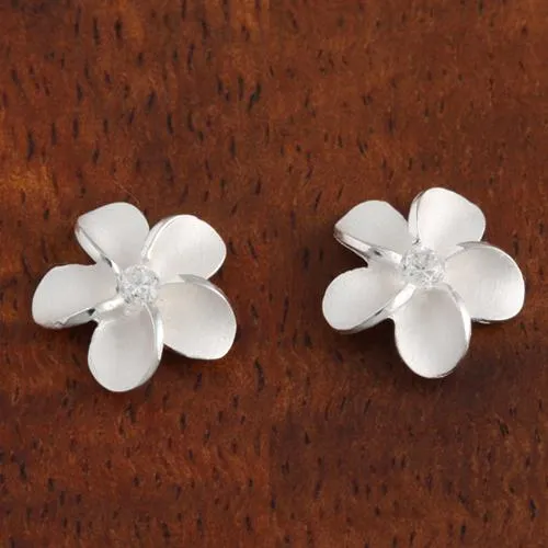 Sterling Silver Plumeria with CZ Sandblast Post Earrings (6-18mm)