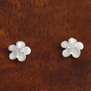 Sterling Silver Plumeria with CZ Sandblast Post Earrings (6-18mm)