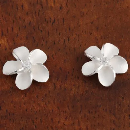 Sterling Silver Plumeria with CZ Sandblast Post Earrings (6-18mm)