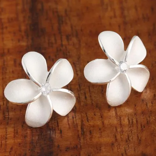 Sterling Silver Plumeria with CZ Sandblast Post Earrings (6-18mm)