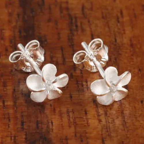Sterling Silver Plumeria with CZ Sandblast Post Earrings (6-18mm)