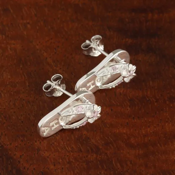 Sterling Silver Plumeria with Pink CZ ALOHA Slipper Post Earrings