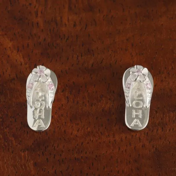 Sterling Silver Plumeria with Pink CZ ALOHA Slipper Post Earrings