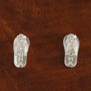 Sterling Silver Plumeria with Pink CZ ALOHA Slipper Post Earrings