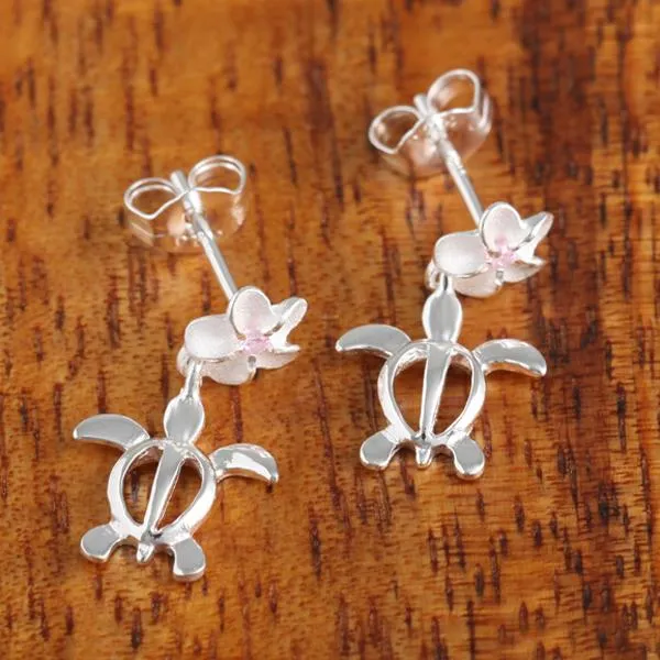 Sterling Silver Plumeria with Pink CZ and Honu (Hawaiian Turtle) Post Earrings (S/M/L)