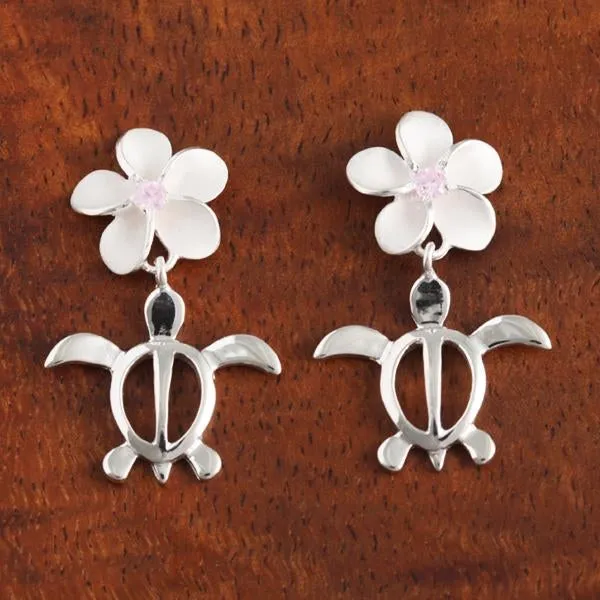 Sterling Silver Plumeria with Pink CZ and Honu (Hawaiian Turtle) Post Earrings (S/M/L)
