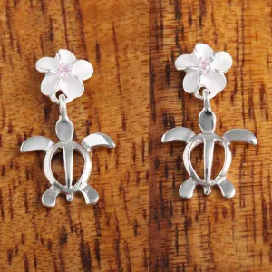 Sterling Silver Plumeria with Pink CZ and Honu (Hawaiian Turtle) Post Earrings (S/M/L)