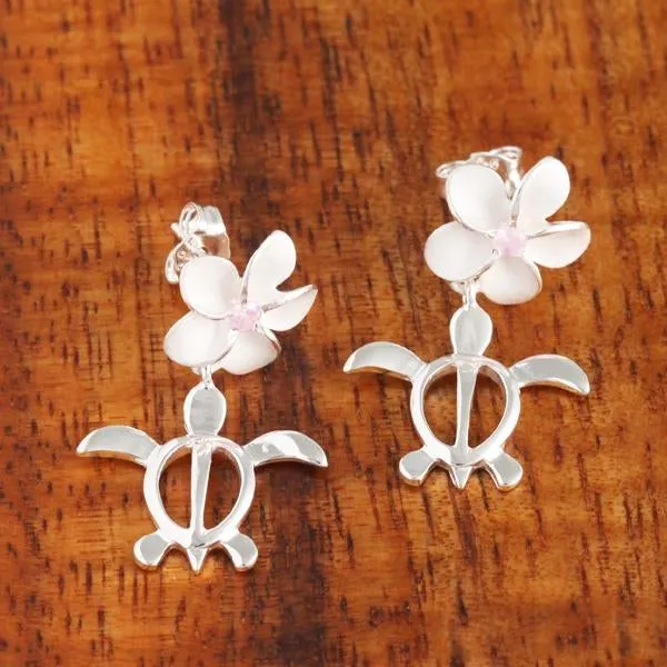 Sterling Silver Plumeria with Pink CZ and Honu (Hawaiian Turtle) Post Earrings (S/M/L)
