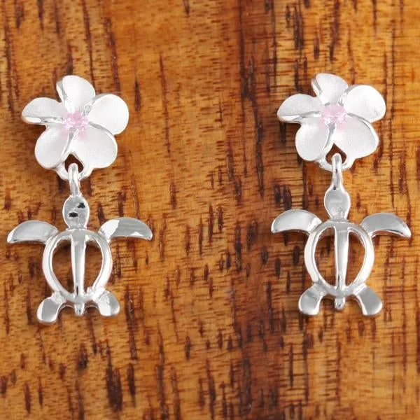 Sterling Silver Plumeria with Pink CZ and Honu (Hawaiian Turtle) Post Earrings (S/M/L)